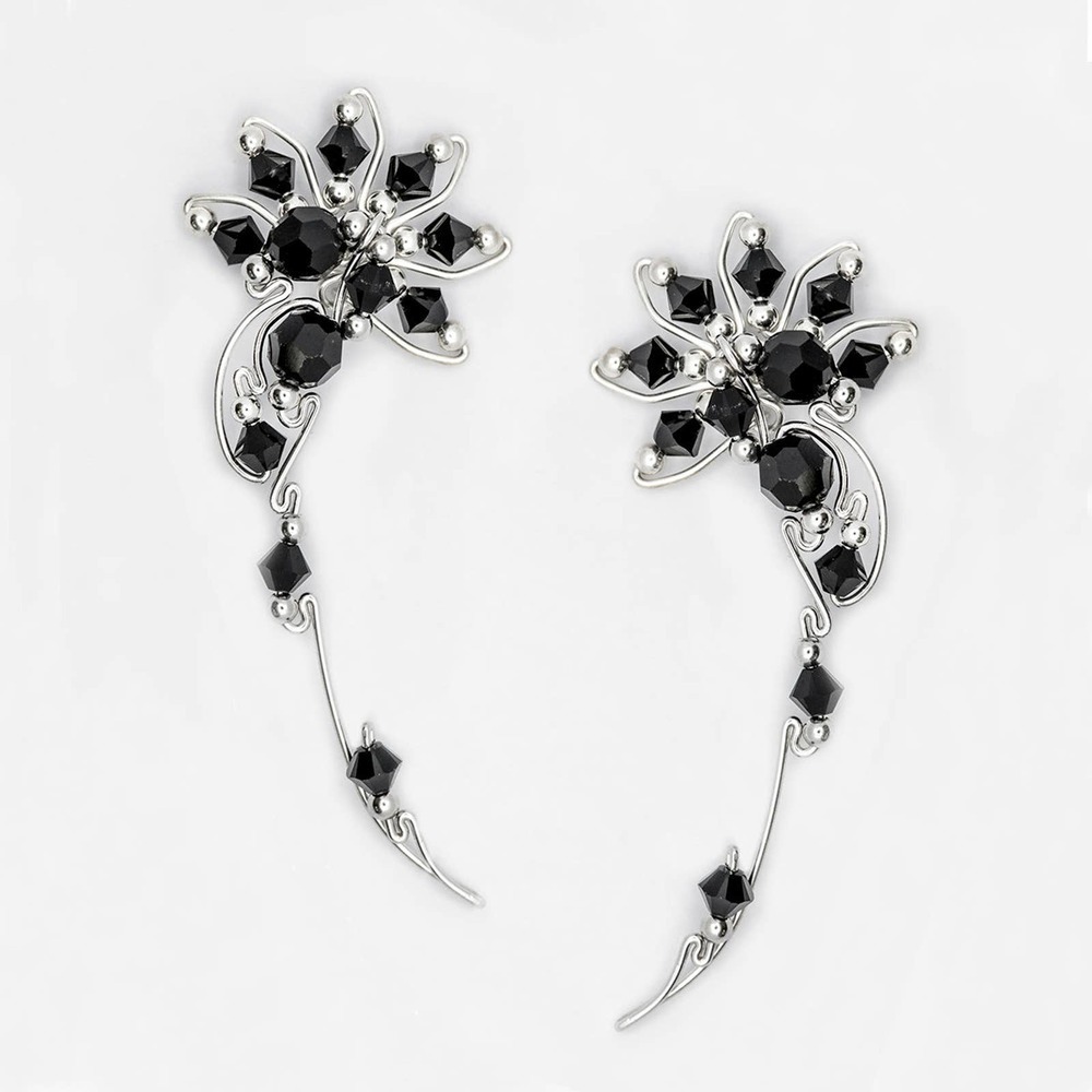 Luna Ear Climber With Black Swarovski Crystal - White Silver